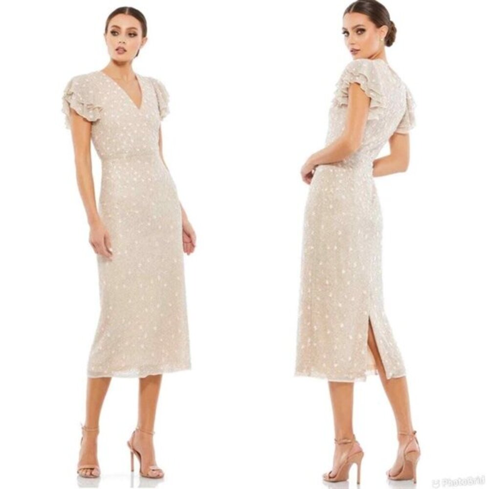 NEW MAC DUGGAL EMBELLISHED RUFFLE CAP‎ SLEEVE V-NECK MIDI DRESS NUDE 10810